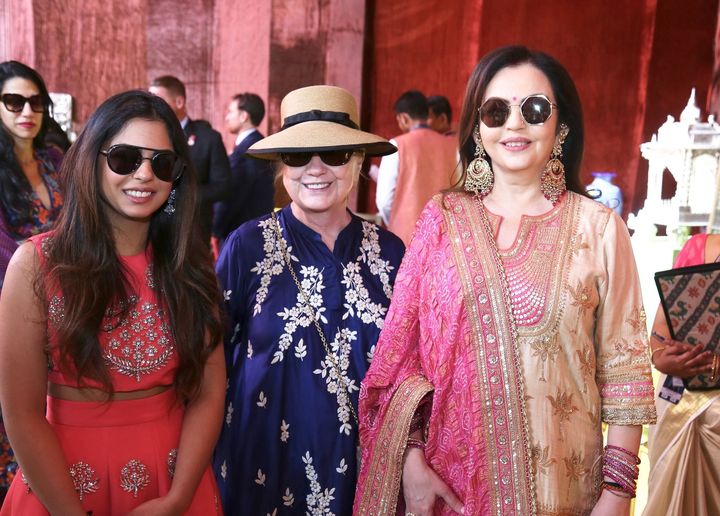 Hillary Clinton with Isha Ambani and her mother, Nita Ambani, shortly after arriving in Udaipur