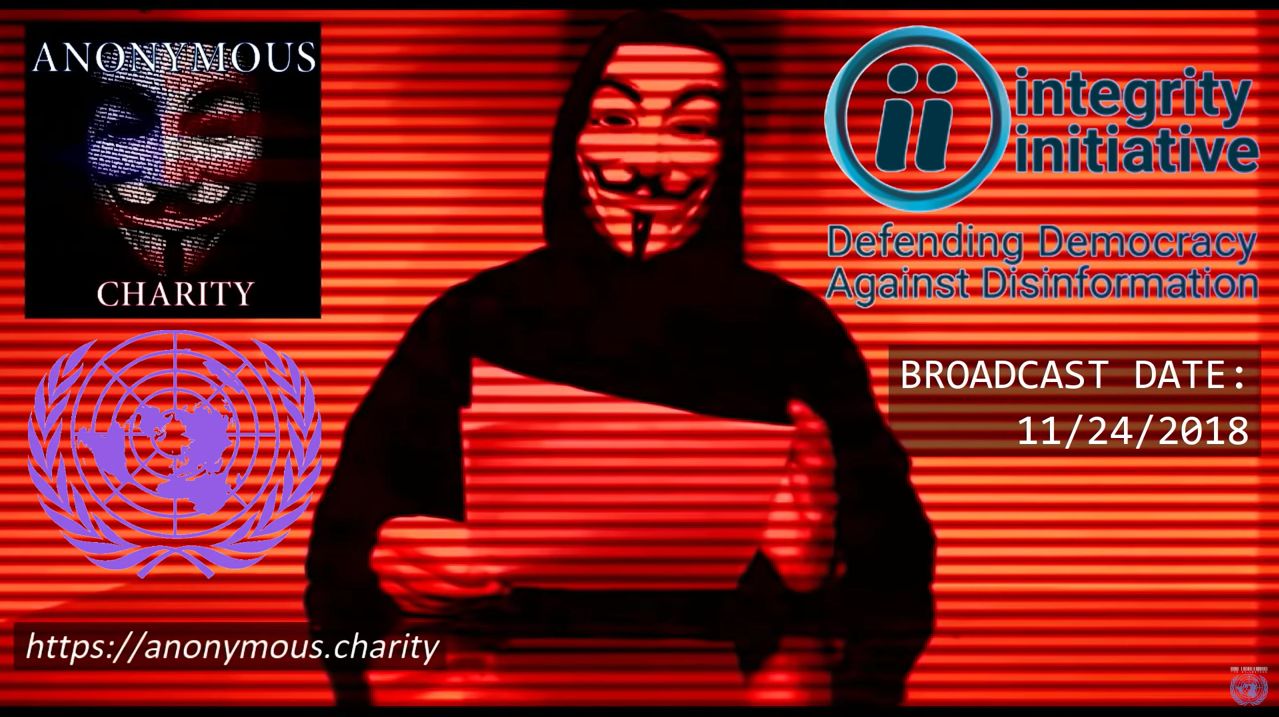 A screenshot from an Anonymous video in which the hacker group discusses the Integrity Initiative leak
