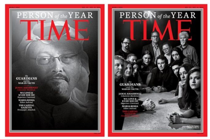 Jamal Khashoggi, left, and the staff of the Capital Gazette newspaper have been honoured by US magazine Time.