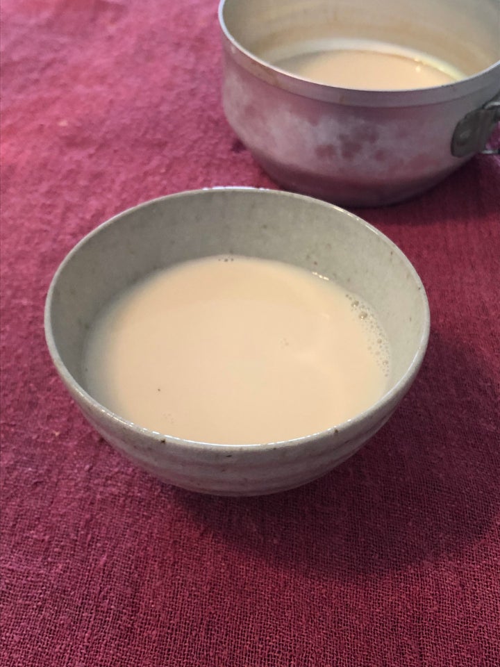 Warm soy milk, as shown by blogger Shino Saito.