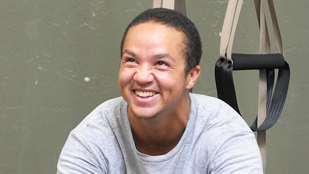 SIGNAL HILL, CA - JULY 25: Pat Manuel shares a laugh with Lou Frye during a workout at No Limits Gym in Signal Hill on Friday. Manuel is a transgender boxer who trains non-gender conforming young people. He is working on an online gym only featuring transbodies and is emphasizing working with your body instead of beauty and gender binary that's common in typical gyms.





///ADDITIONAL INFORMATION: Slug: lbr.donut.0129.jag, Day: Friday, July 25, 2014 (7/25/14), Time: 1:51:18 PM, Location:  Signal Hill, California - Transgender Pat Manuel - JEFF GRITCHEN, STAFF PHOTOGRAPHER

(Photo by Jeff Gritchen/Digital First Media/Orange County Register via Getty Images)