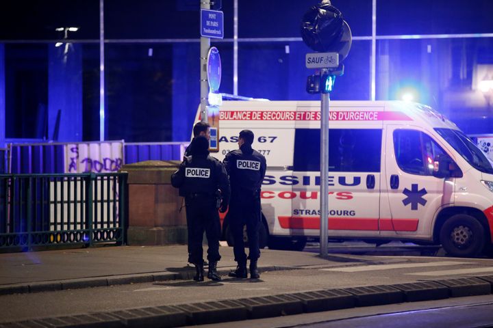 Police seen securing a street in central Strasbourg on Tuesday evening following reports of gunshots.