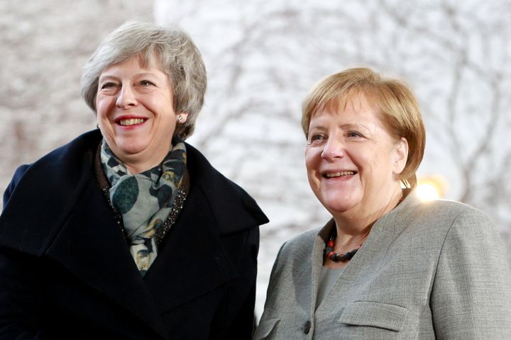 Theresa May and Angela Merkel in Berlin on Tuesday