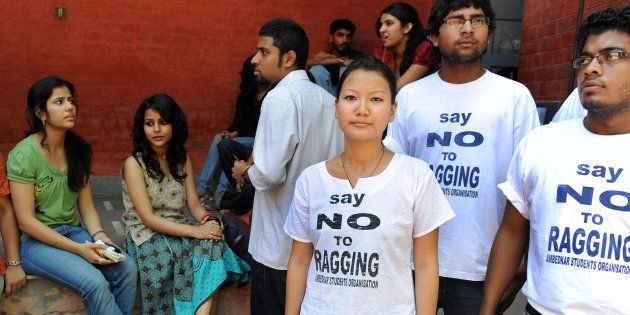 Senior students from various colleges participate in a university campaign against 'ragging' at Kirori Mal College in New Delhi on July 16, 2009.