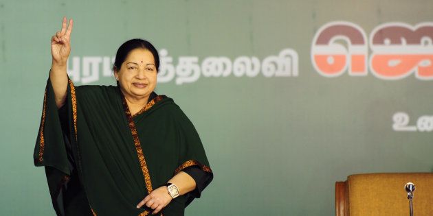 J. Jayalalithaa gestures during a campaign rally in Chennai on April 9, 2016.