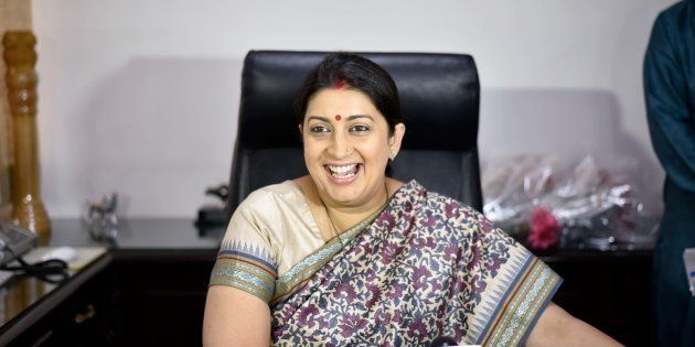 NEW DELHI, INDIA - JULY 6: BJP Leader Smriti Irani takes charge as Textile Ministry after a massive Cabinet reshuffle on Tuesday, at Udyog Bhawan, on July 6. (Photo by Arun Sharma/Hindustan Times via Getty Images)