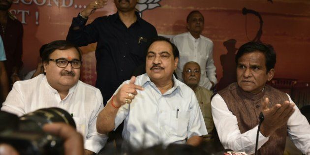 MUMBAI, INDIA - JUNE 4: Maharashtra Revenue Minister Eknath Khadse during a press conference at BJP office, where he declared that he will hand over his resignation to the CM after the press conference on June 4, 2016 in Mumbai, India. Khadse, who has been under the attack for alleged dubious land deal and suspected underworld links, on Saturday, tendered his resignation to state Chief Minister Devendra Fadnavis. (Photo by Kunal Patil/Hindustan Times via Getty Images)
