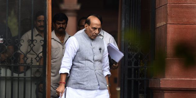 NEW DELHI, INDIA - JULY 13: Union Minister of Home Affairs Rajnath Singh leaves after attending Centre Government Cabinet Meeting at PMO South Block on July 13, 2016 in New Delhi, India. The Union Cabinet, chaired by Prime Minister Narendra Modi, approved the revival of three defunct fertiliser units with a capacity of 1.27 million tonnes per annum each. (Photo by Sonu Mehta/Hindustan Times via Getty Images)