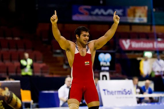 File photo of Narsingh Pancham Yadav of India celebrating after he won the men's 74kg freestyle weight class during the Vantaa Cup finals in Vantaa May 4, 2012.