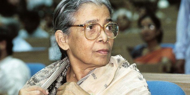Mahasweta Devi, Writer and Magasaysay Award Winner. (Photo by Dilip Banerjee/The India Today Group/Getty Images)