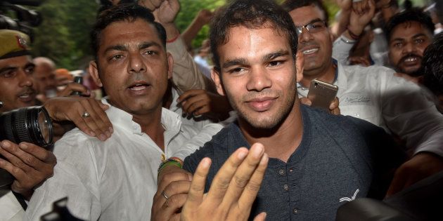 Narsingh Yadav arrives at the NADA office on July 27, 2016 in New Delhi. (Photo by Vipin Kumar/Hindustan Times via Getty Images)