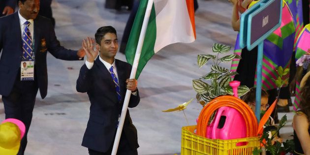 Abhinav Bindra of India carries the flag during the Opening Ceremony of the Rio 2016 Olympic Games.