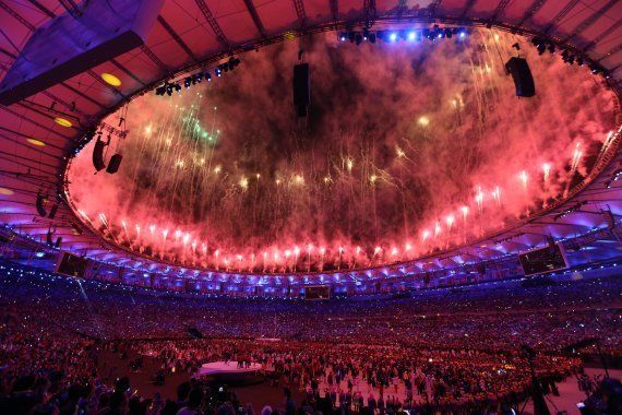 Fireworks and laser show are being performed during the Opening Ceremony of the Rio 2016 Olympic Games at Maracana Stadium in Rio de Janeiro, Brazil on August 05, 2016.