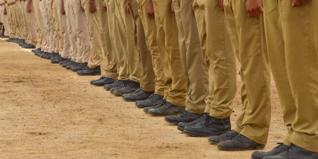 Police officers shoes during parade rehearsal for the Indian Independence Day celebration in Ajmer, Rajasthan, India.