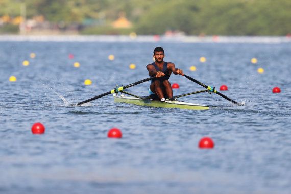 Dattu Baban Bhokanal of India competes during the Men's Single Sculls Quarterfinal on Day 4 of the Rio 2016 Olympic Games.