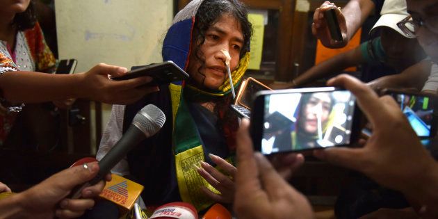 Human rights activist Irom Sharmila addressing a press conference as she was brought to the Cheirap Court on August 9, 2016 in Imphal, India.