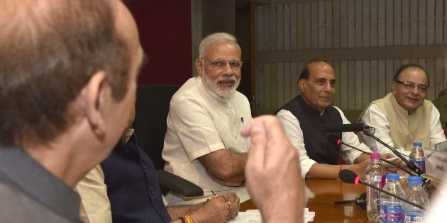 Prime Minister Narendra Modi, Home Minister Rajnath Singh, Finance Minister Arun Jaitley, Parliamentary Affairs Minister Anant Kumar, Congress leader Ghulam Nabi Azad, and other party leaders at an all-party meeting.