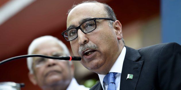 Pakistan High Commissioner Abdul Basit speaks during a press conference.