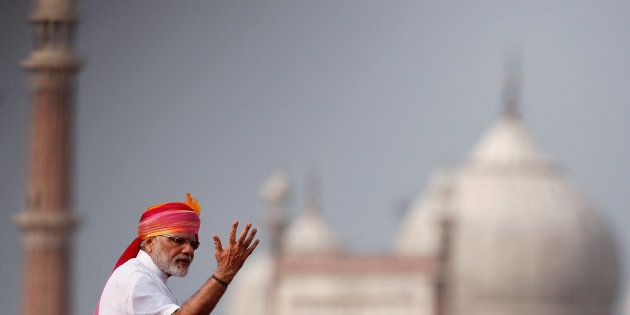 Indian Prime Minister Narendra Modi gestures as he addresses the nation from the historic Red Fort during Independence Day celebrations in Delhi, India, August 15, 2016.