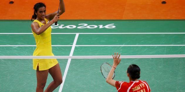 P.V. Sindhu (IND) of India celebrates after winning her match against Wang Yihan (CHN) of China.