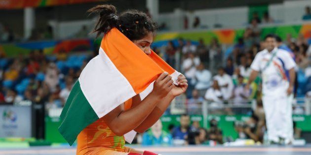 India's Sakshi Malik celebrates after winning at Rio.