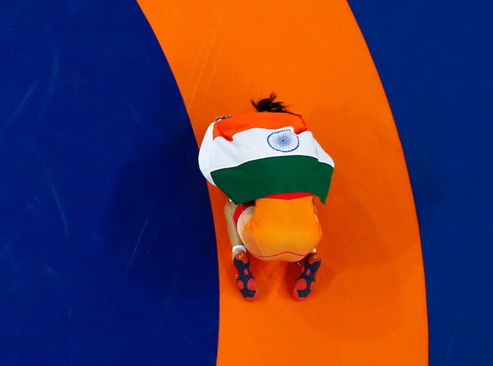 Sakshi Malik (IND) of India celebrates winning the bronze medal