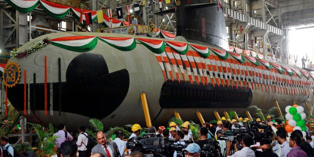 File photo of the Indian Navy's first indigenously-built Scorpene attack submarine at Mazagon Dock in Mumbai, India, on 6 April, 2015.