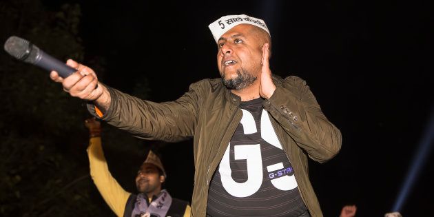 Delhi, India - January 29, 2015: Singer Vishal Dadlani campaigns for 'Aam Aadmi Party (AAP)' during the Assembly elections in Delhi, India. Vishal Dadlani is an Ardent supporter of Arvind Kejriwal and his newly formed party, the 'Aam Aadmi Party (AAP)'. He enthralled the audience with his soul touching music and fiery speech.