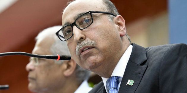 Pakistan High Commissioner Abdul Basit speaks during a press conference, on April 7, 2016 in New Delhi, India.