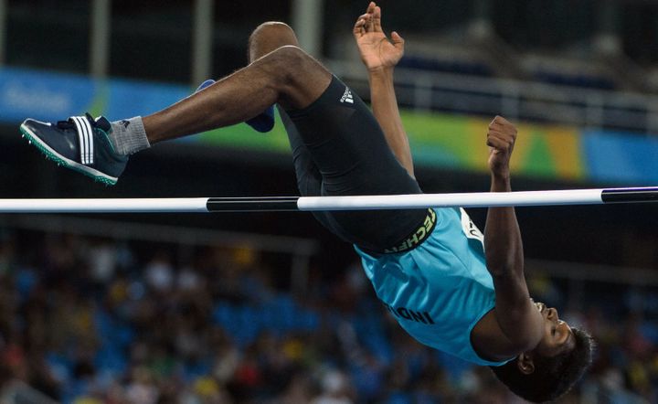 India's Mariyappan Thangavelu jumps in the men's final high jump - T42 during the Paralympic Games at the Olympic Stadium in Rio de Janeiro.