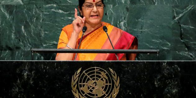 India's Minister of External Affairs Sushma Swaraj addresses the United Nations General Assembly in the Manhattan borough of New York, U.S., September 26, 2016. REUTERS/Brendan McDermid