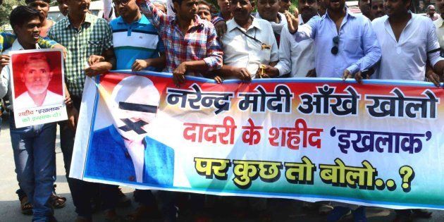 Protests against Prime Minister Narendra Modi Amid rising communal tension in Dadri days after the public lynching of Mohd Akhlaq Dadri in Allahabad.