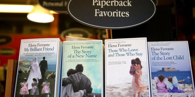 Elena Ferrante's books are photographed at the Harvard Book Store in Cambridge, Mass., on April 8, 2016. (Photo by Jonathan Wiggs/The Boston Globe via Getty Images)