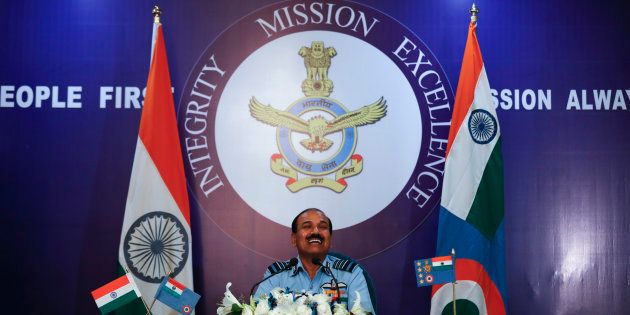 Indian Air Force Chief Air Chief Marshal Arup Raha listens to a question during a press conference in New Delhi, India, Tuesday, Oct. 4, 2016. (AP Photo/Tsering Topgyal)