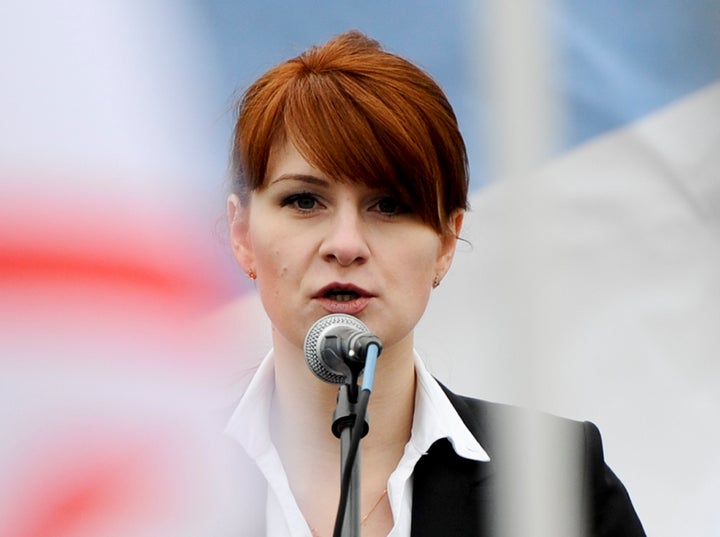 Maria Butina, leader of a pro-gun organization in Russia, speaks to a crowd on April 21, 2013, during a rally in support of legalizing the possession of handguns in Moscow, Russia. (AP Photo/File)