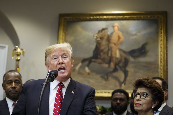 President Donald Trump speaks in the Roosevelt Room of the White House on Wednesday.