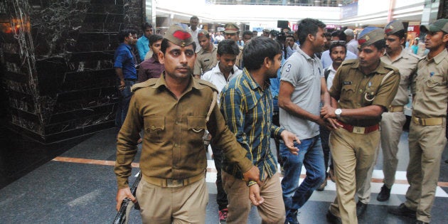 Lucknow Police run an anti-Romeo operation at Saharaganj mall, on March 22, 2017 in Lucknow, India. The anti-Romeo squads are formed by the police on order of Uttar Pradesh Chief Minister Yogi Adityanath fulfilling a pre-poll pledge of the BJP to check eve-teasing. (Photo by Deepak Gupta/Hindustan Times via Getty Images)