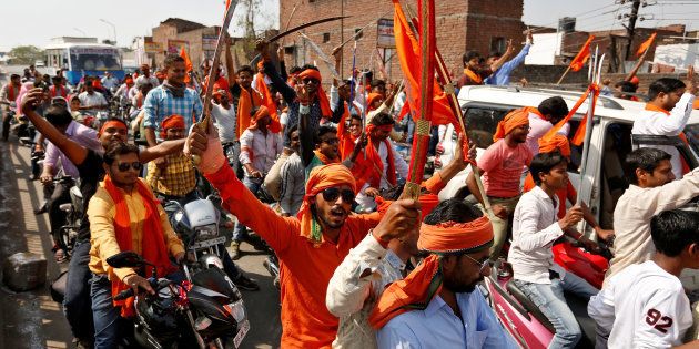 REPRESENTATIVE IMAGE: Hindu Yuva Vahini vigilante members take part in a rally in the city of Unnao, India, April 5, 2017.