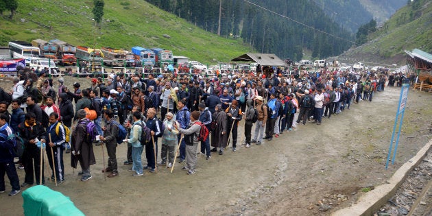 Hindu pilgrims on their way to the Amarnath cave during the first phase of annual Amarnath Yatra.