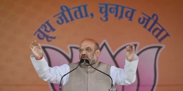 BJP National President Amit Shah speaks during the Panch Parmeshwaar Booth Sammelan for the MCD election at Ramlila Ground on March 25, 2017 in New Delhi, India.