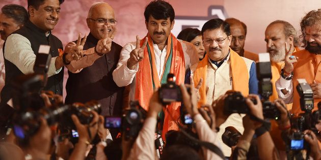Delhi BJP President Manoj Tiwari during a press conference at Delhi BJP Office after party's victory in MCD elections.