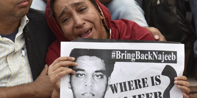Najeeb Ahmed's mother at the JNU campus on November 3, 2016 in New Delhi, India. (Photo by Sanjeev Verma/Hindustan Times via Getty Images)