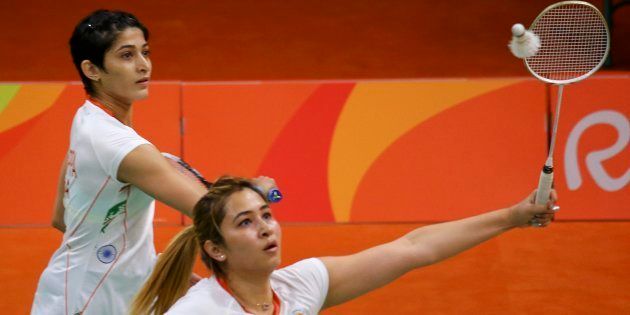 2016 Rio Olympics - Badminton - Women's Doubles Group Play - Riocentro - Pavilion 4 - Rio de Janeiro, Brazil - 12/08/2016. Jwala Gutta (IND) of India and Ashwini Ponnappa (IND) of India play against Eefje Muskens (NED) of Netherlands and Selena Piek (NED) of Netherlands. REUTERS/Marcelo del Pozo