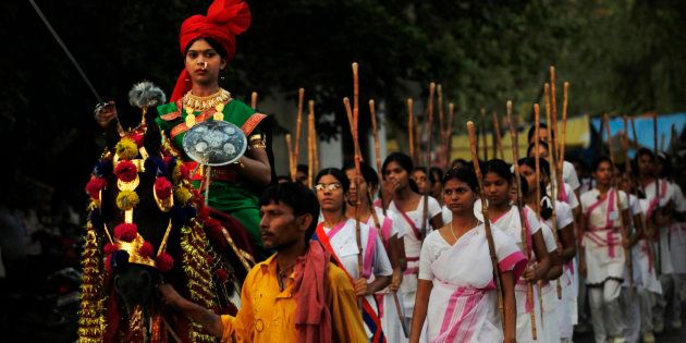 Members of the Rashtra Sevika Samiti participate in a procession in Allahabad.