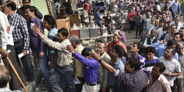 NEW DELHI, INDIA - NOVEMBER 10: Long queue in front of the Oriental Bank of Commerce near Mahila Colony Gandhi Nagar east Delhi for new currency on November 10, 2016 in New Delhi, India. Image used for representational purposes only.