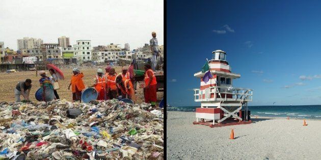 Versova Beach cleanliness drive in November, 2016 (left), Miami Beach in Florida (right)