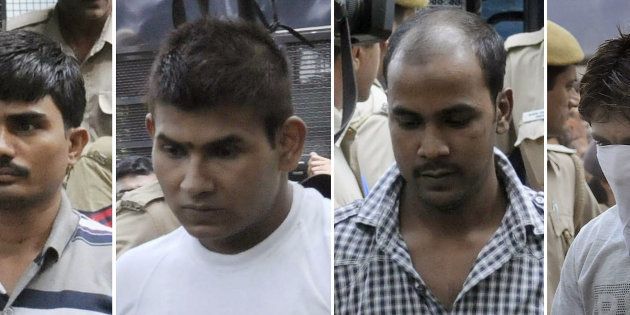 This combination of images created on September 24, 2013, shows convicted Indian prisoners (L/R): Akshay Thakur, Vinay Sharma, Mukesh Singh, Pawan Gupta as they arrive for an appearance at The High Court in New Delhi on September 24, 2013.