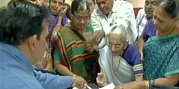 Prime Minister Narendra Modi's mother Heeraben Modi visited a bank in Gandhinagar to exchange old