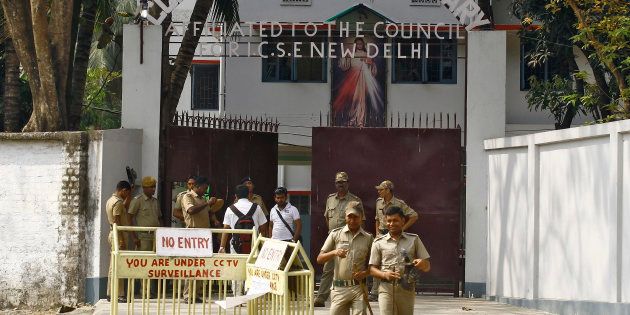 A file photo of police outside the Convent of Jesus and Mary school in Ranaghat in West Bengal.