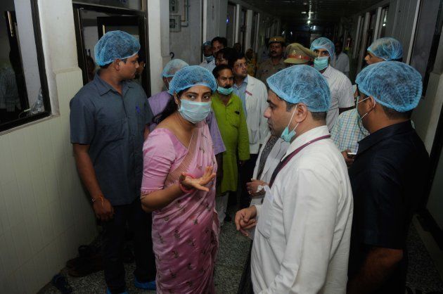 Union Minister Anupriya Patel at BRD medical college, around 70 children have died for various reasons including lack of oxygen supply in last few days in Gorakhpur, on August 12, 2017 in Lucknow.